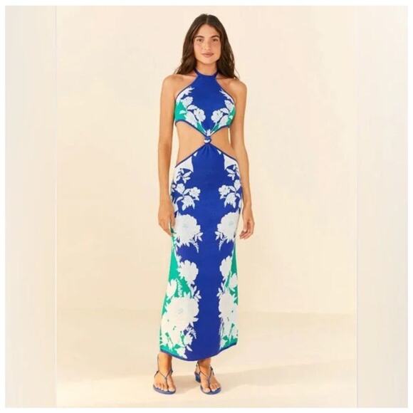 FARM Rio Soft Garden Knit Dress Blue Floral Halter Cut Out Maxi Vacay Size XS - Picture 2 of 11